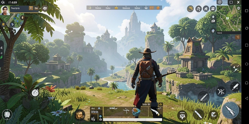 Screenshot gameplay FA99 yang memperlihatkan dunia terbuka yang indah.