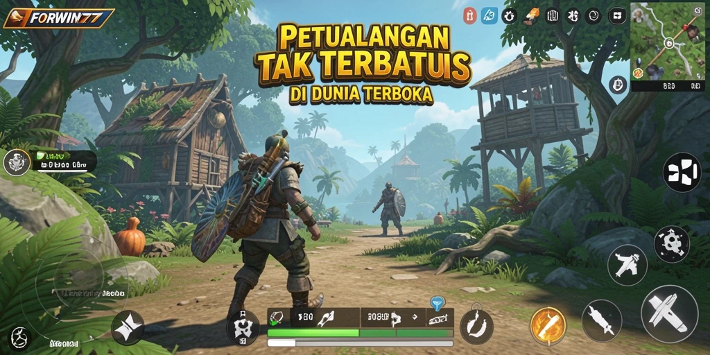 Screenshot gameplay FORWIN77 yang menampilkan eksplorasi dunia terbuka yang luas.