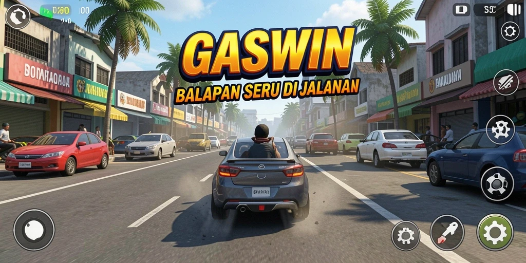 Tampilan seru gameplay Racing GASWIN dengan mobil balap cepat.