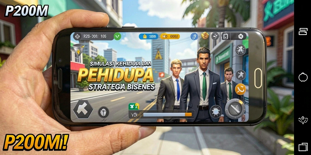 Screenshot P200M menunjukkan pemain mengelola bisnis dalam simulasi yang menarik.