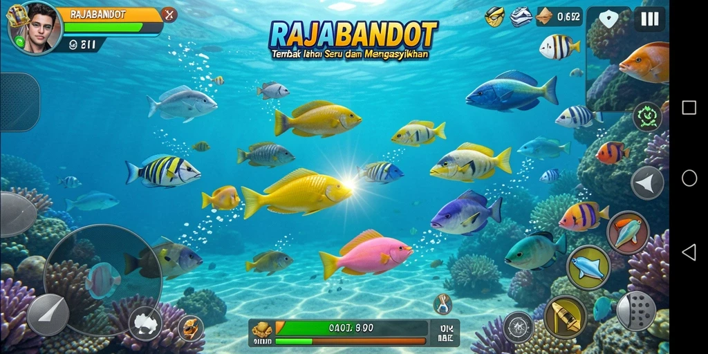 Tampilan gameplay seru RAJABANDOT dengan ikan berwarna-warni.