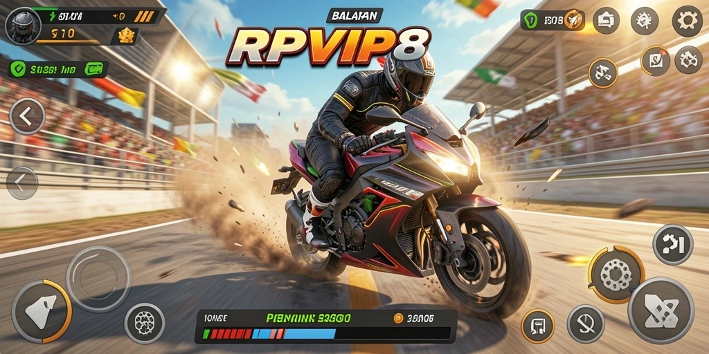 Tampilan gameplay RPVIP8 yang seru dan mendebarkan saat balapan motor.