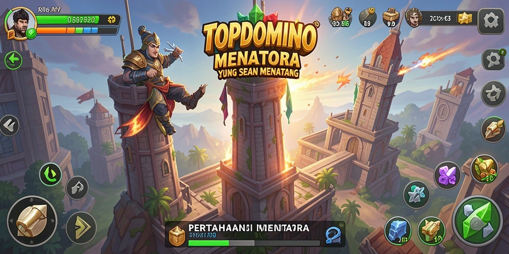 Tampilan gameplay seru dalam <strong>TOPDOMINO</strong> saat melindungi menara dari serangan musuh.