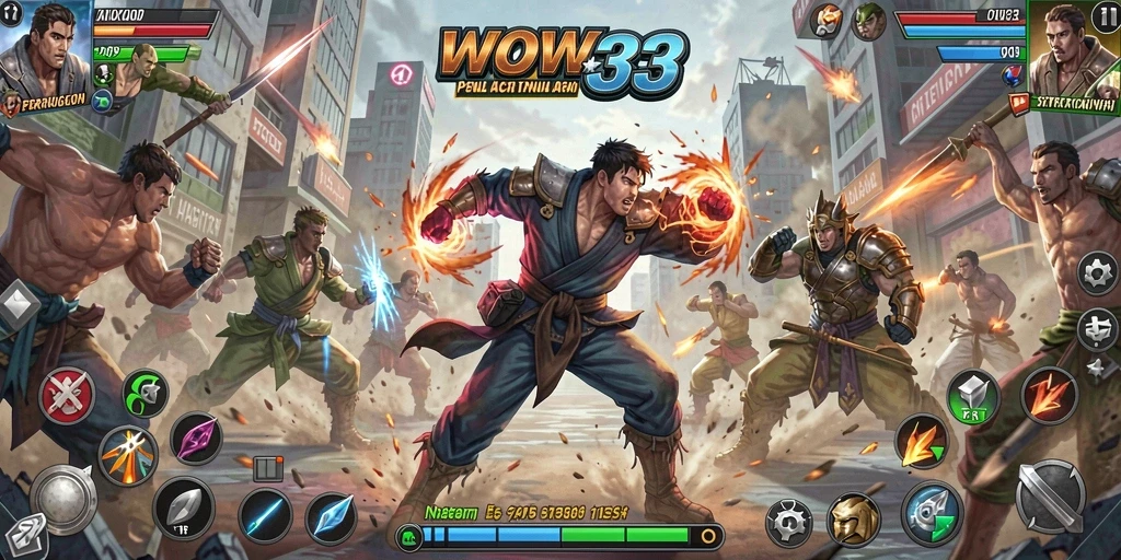 Screenshot menunjukkan pertarungan dinamis dan karakter yang kuat dalam WOW33.
